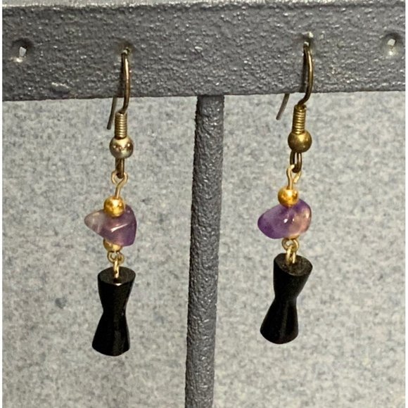 Dangle Pierced Earrings Gold Silver Purple Organic Black Hourglass Retro BoHo - Picture 1 of 4